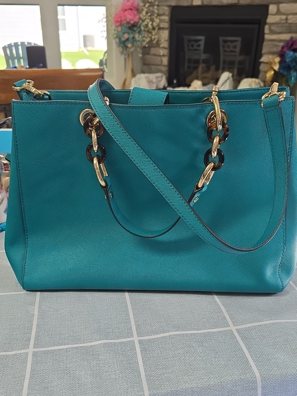 Michael Kors Teal Leather Tote Bag with Gold Chain Accents